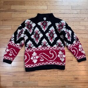 Distinction Vintage Hand Knitted Sweater Large Black Red White Geometric Floral